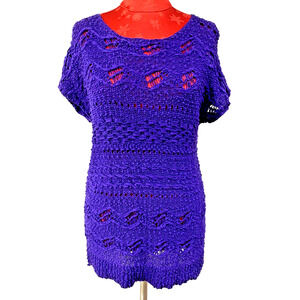 Chicos M/8 Purple Cotton Knit Short Sleeve Tunic Top Open Weave Pullover Sweater